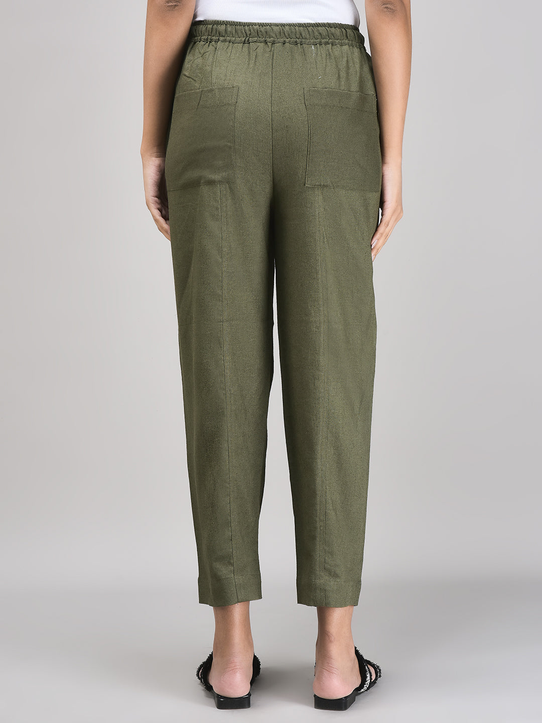 Women’s Olive Linen Pants – Tapered Fit with Elastic Waist