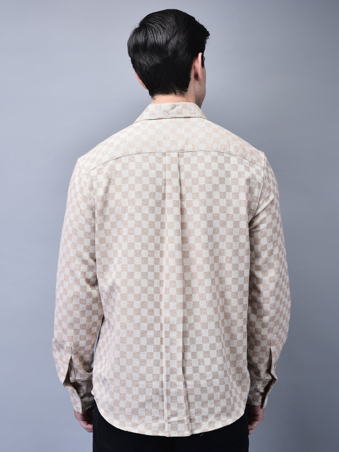 Men’s Beige Textured Check Regular Fit Winter Shirt