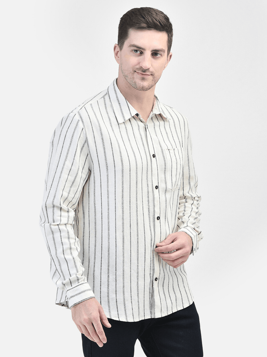 Front view of men's off-white cotton linen shirt with vertical stripes