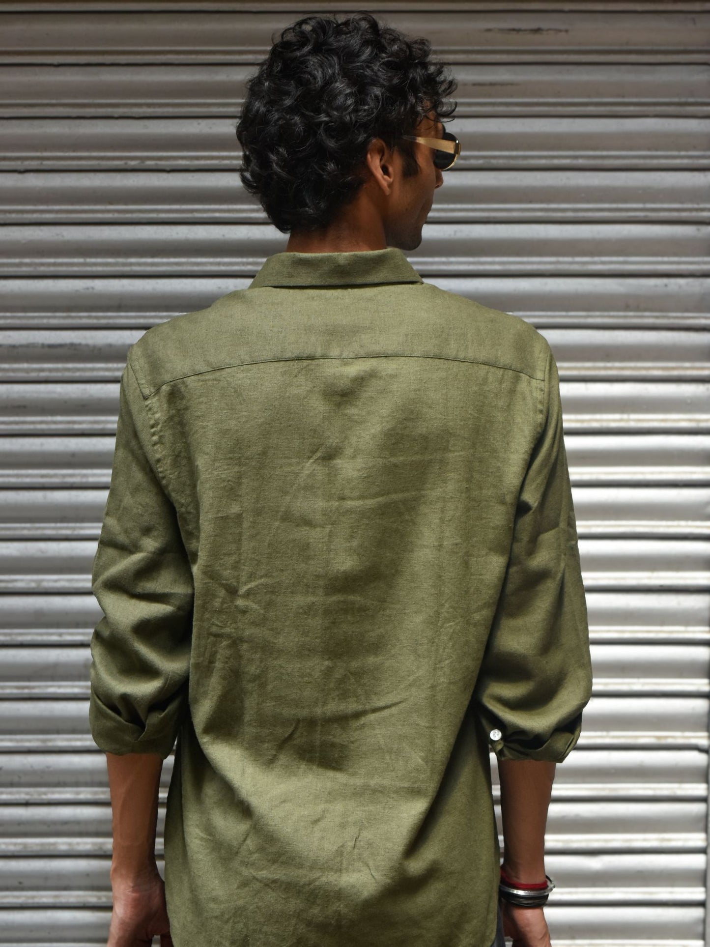 Olive Linen Shirt with White Hand Embroidery