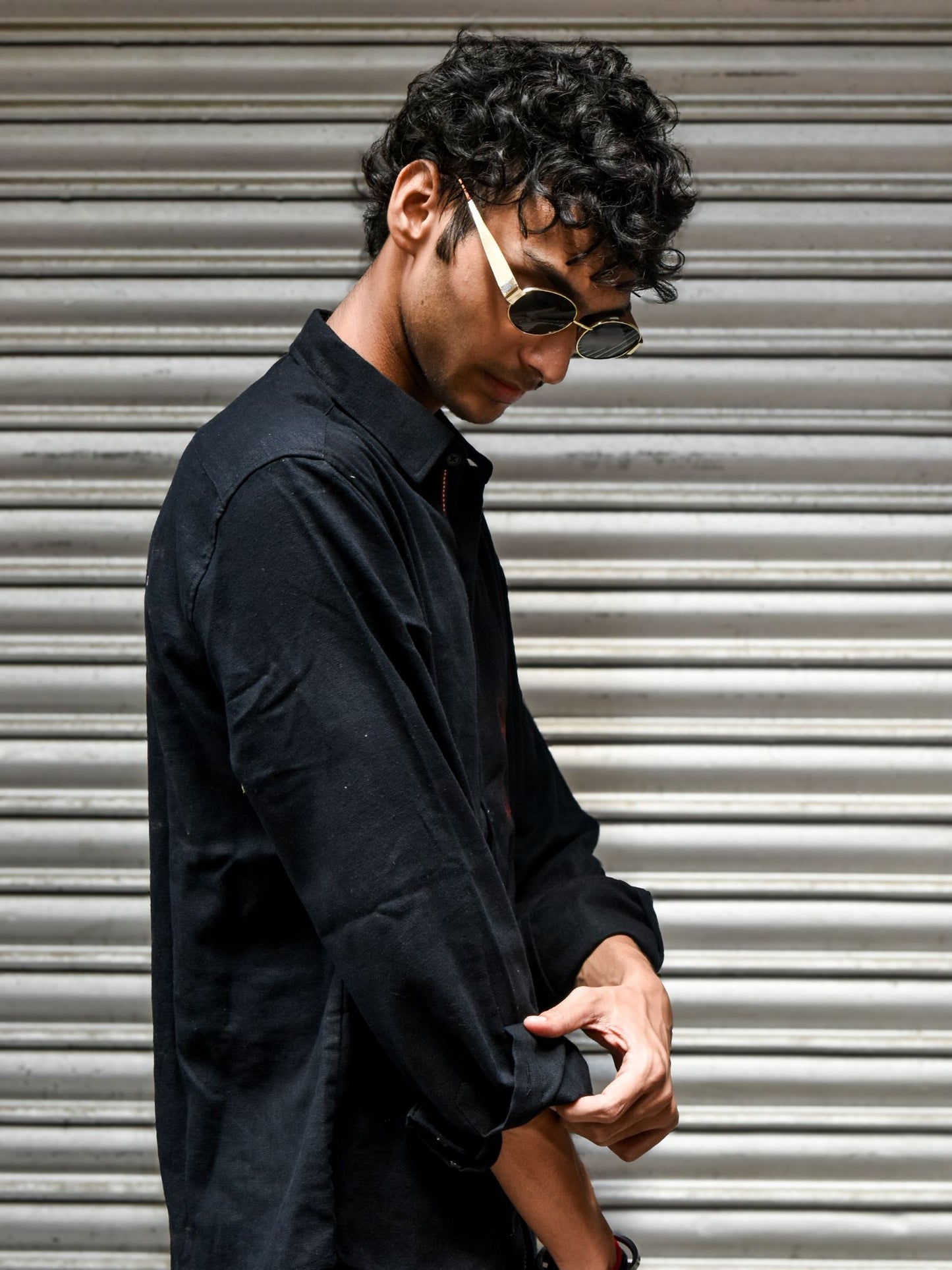 Black Linen Shirt with Red Hand Embroidery