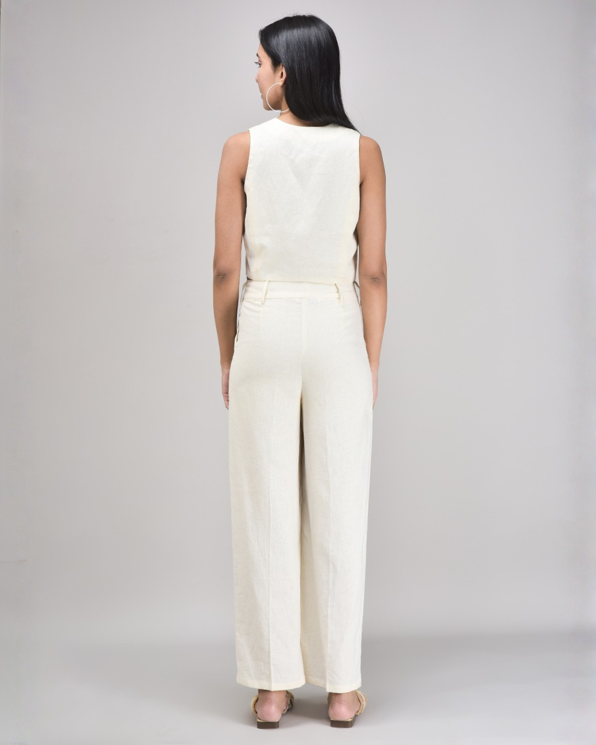 Amber Linen Co-ord Set – Embroidered Vest & Beige Wide-Leg Pants