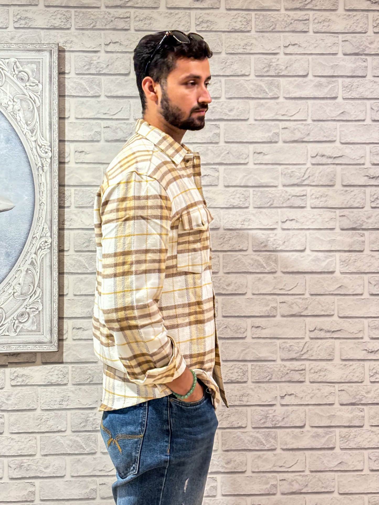 Beige Brown Checked Brushed Overshirt | Unisex
