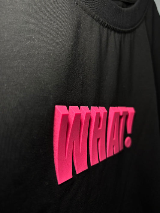 3D WHAT! text print close-up on black cotton t-shirt