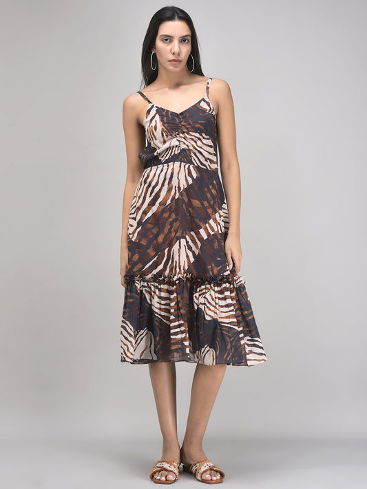 Beige brown summer sundress with leaf print