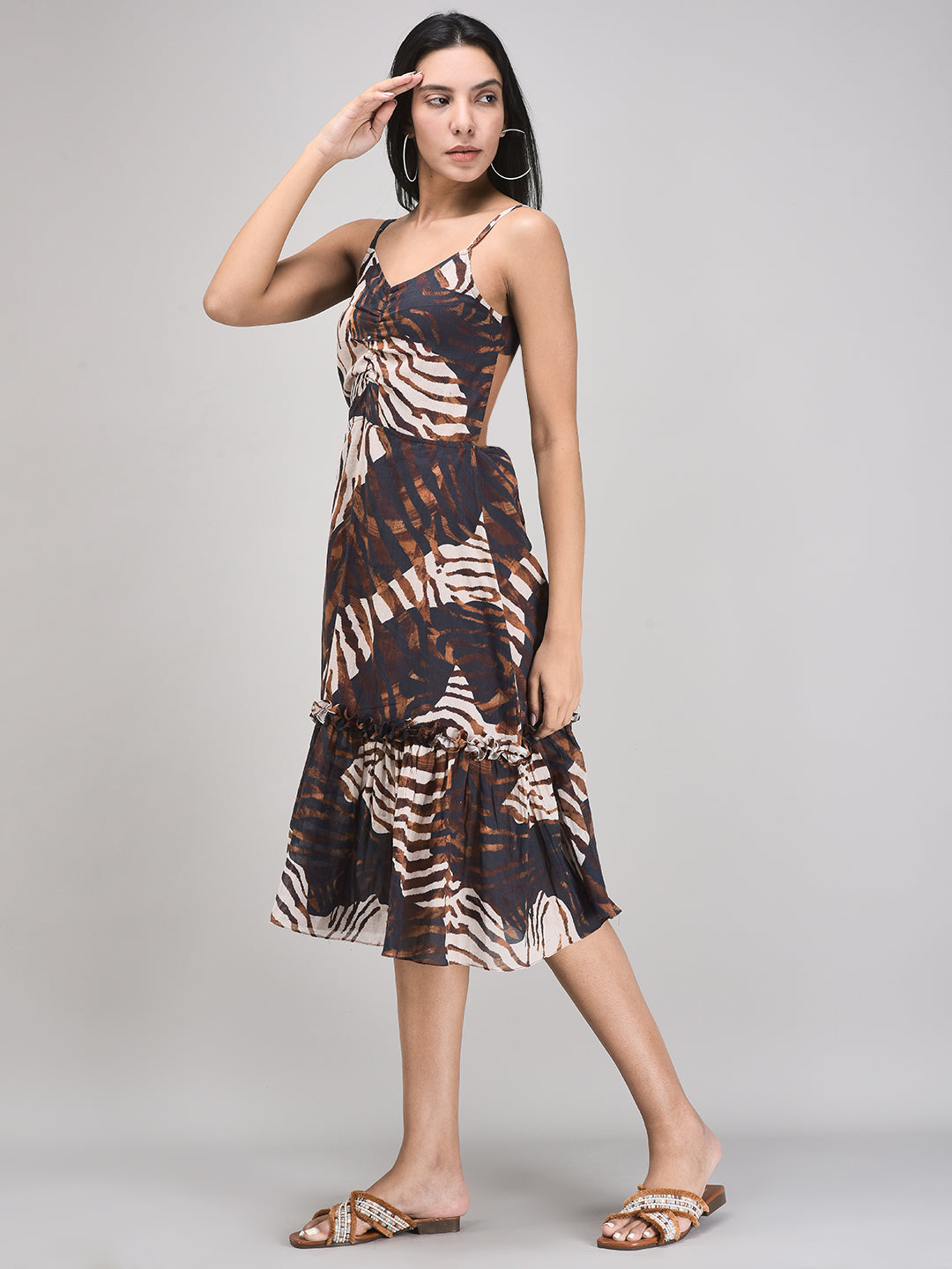 Beige brown summer sundress with leaf print