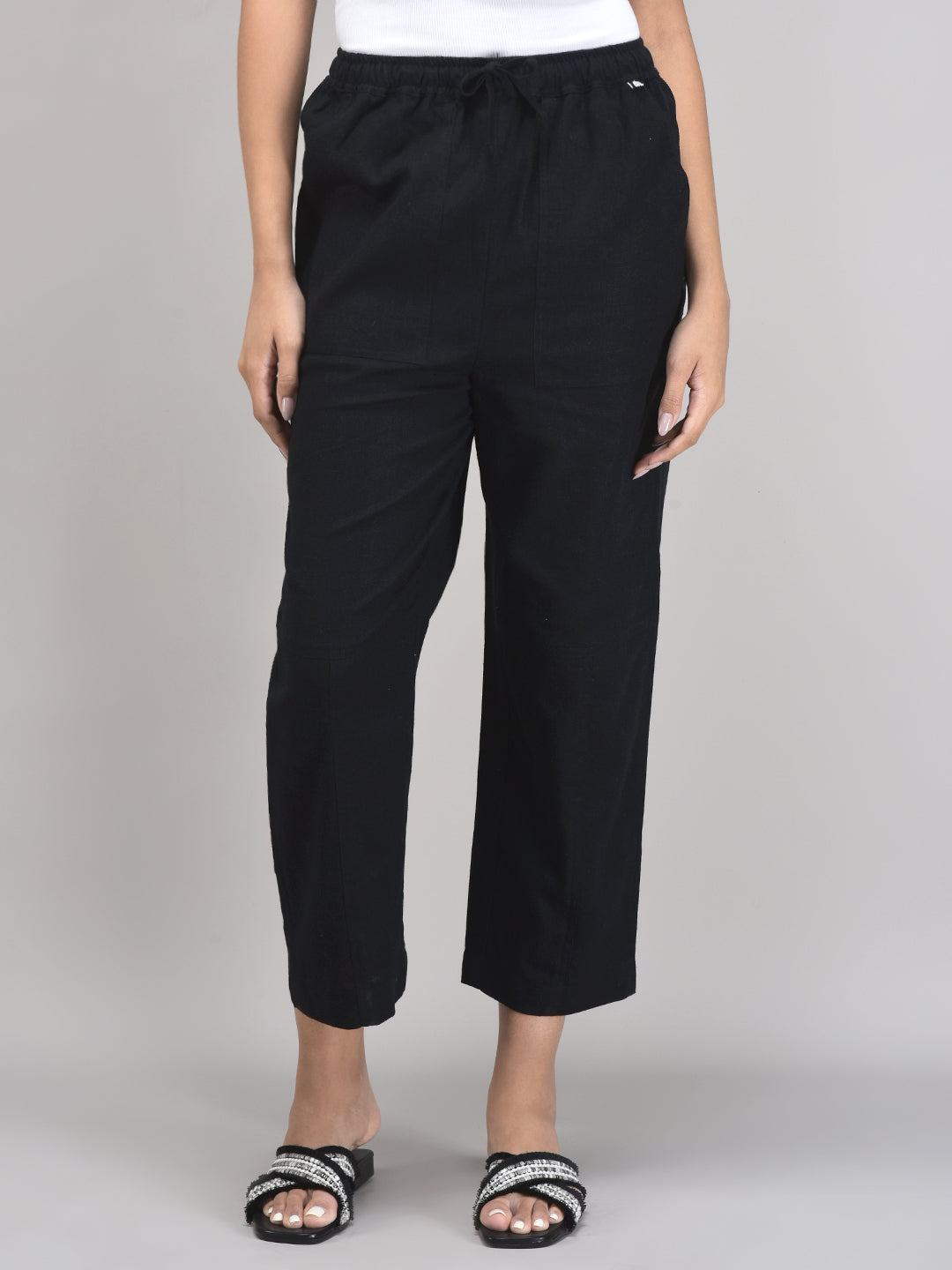 Women’s Black Linen Pants – Tapered Fit with Elastic Waist