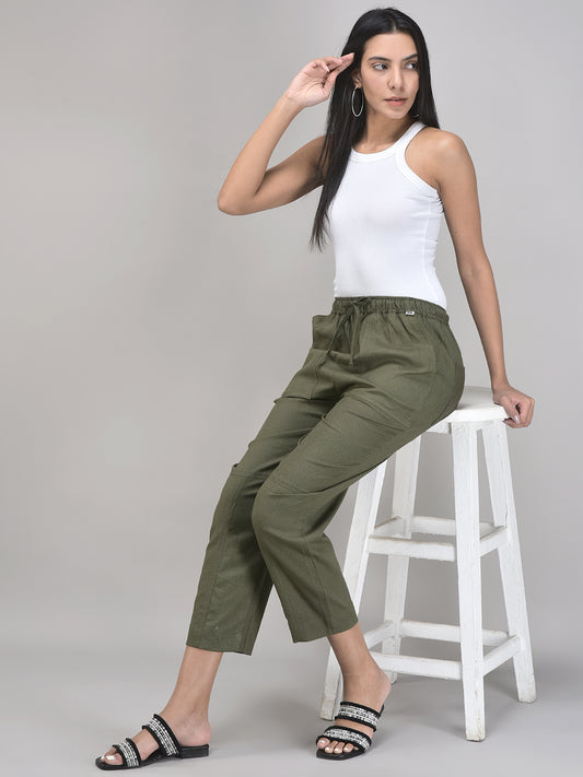 Women’s Olive Linen Pants – Tapered Fit with Elastic Waist