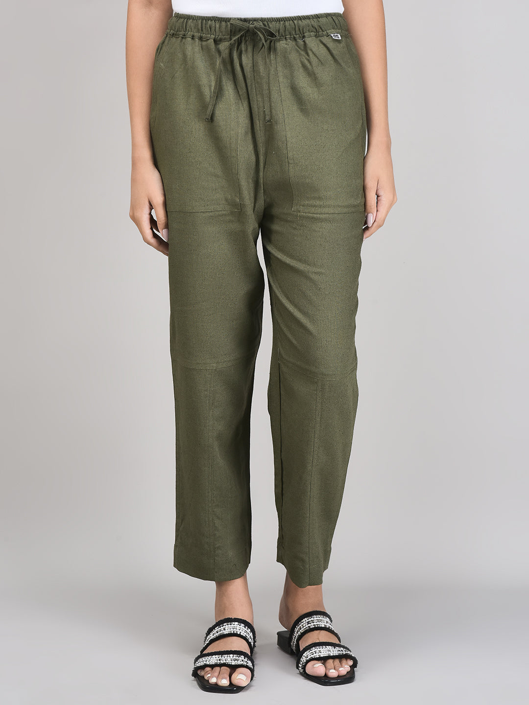 Women’s Olive Linen Pants – Tapered Fit with Elastic Waist