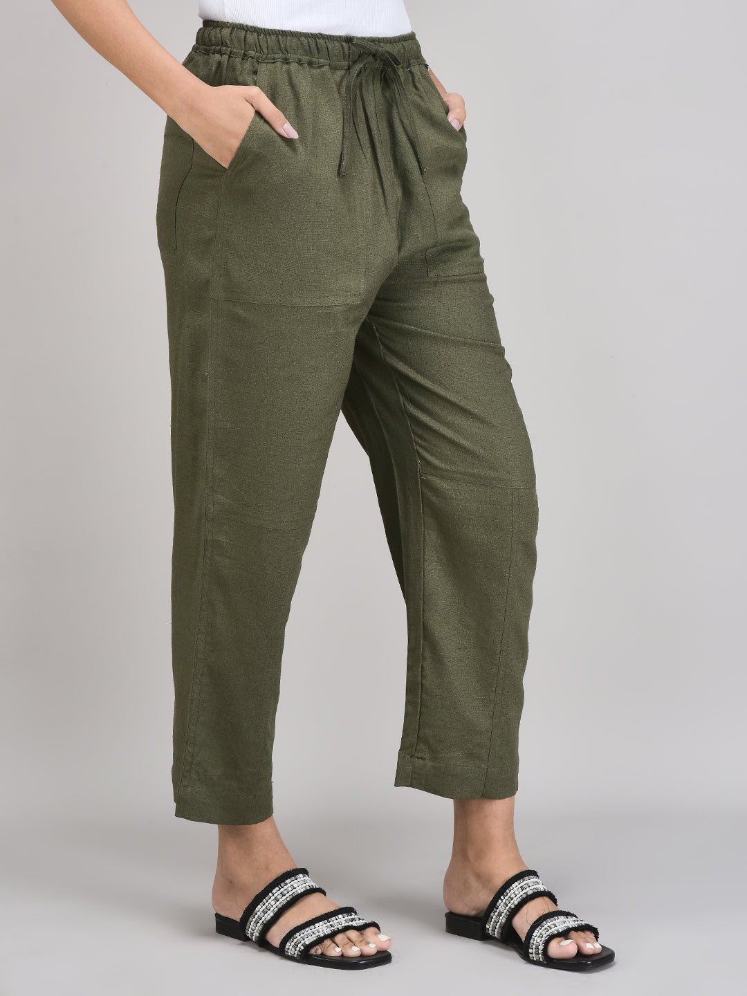 Women’s Olive Linen Pants – Tapered Fit with Elastic Waist