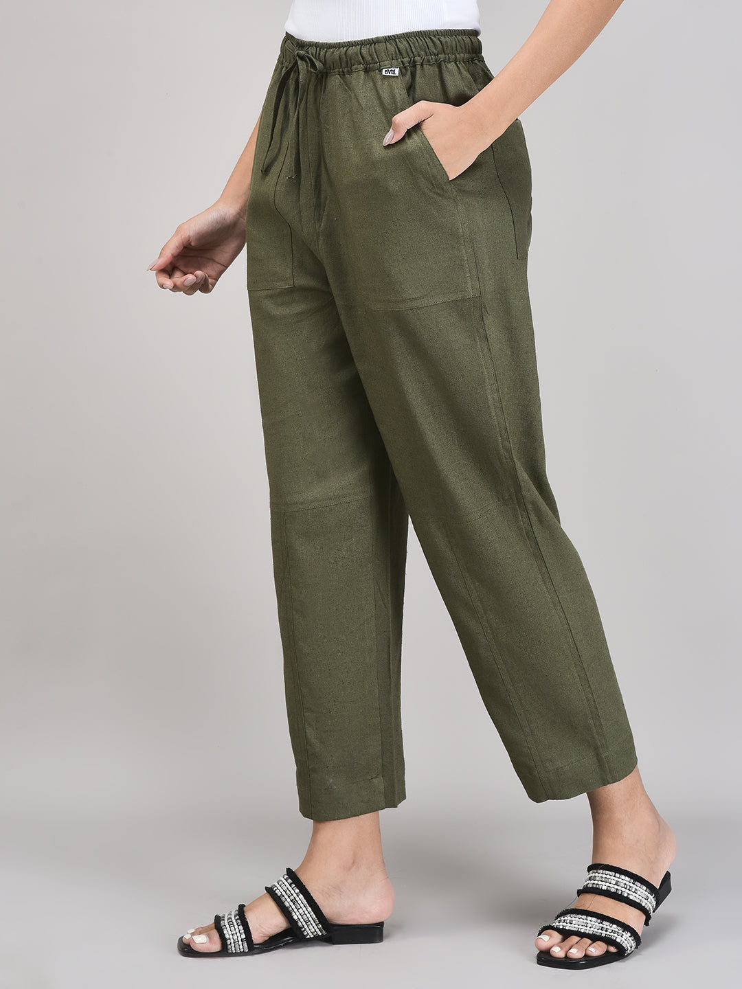 Women’s Olive Linen Pants – Tapered Fit with Elastic Waist