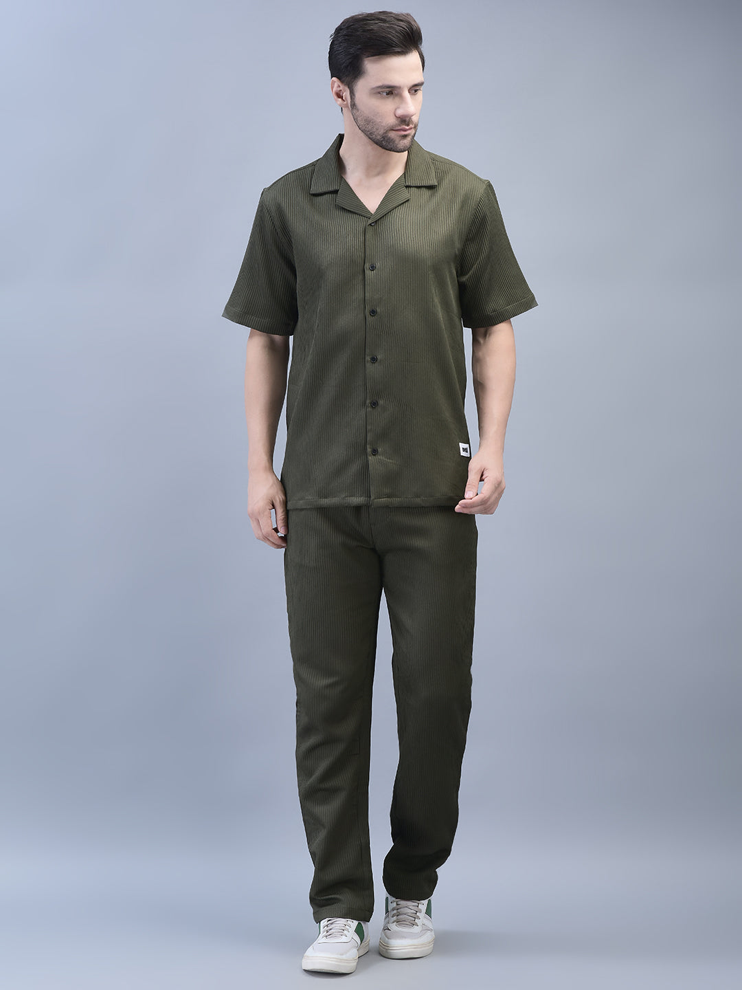 Men’s olive textured co-ord set front view