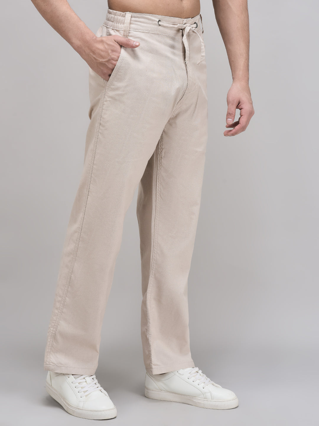 Side view of pure linen beige trousers for men