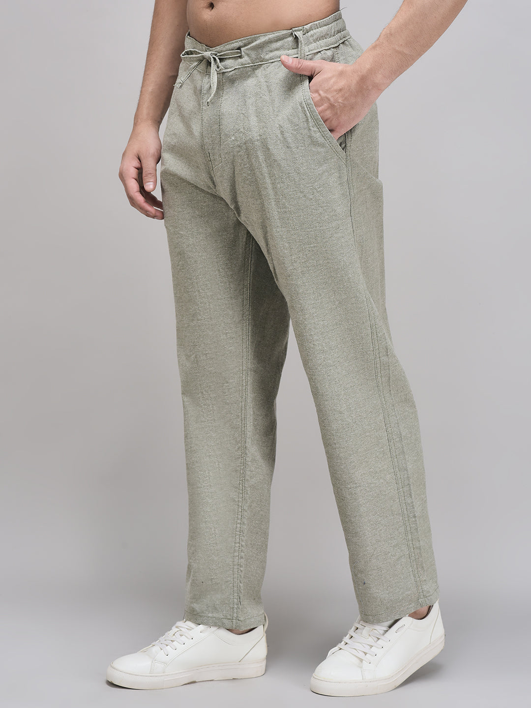 Men’s olive linen pants with elastic waistband