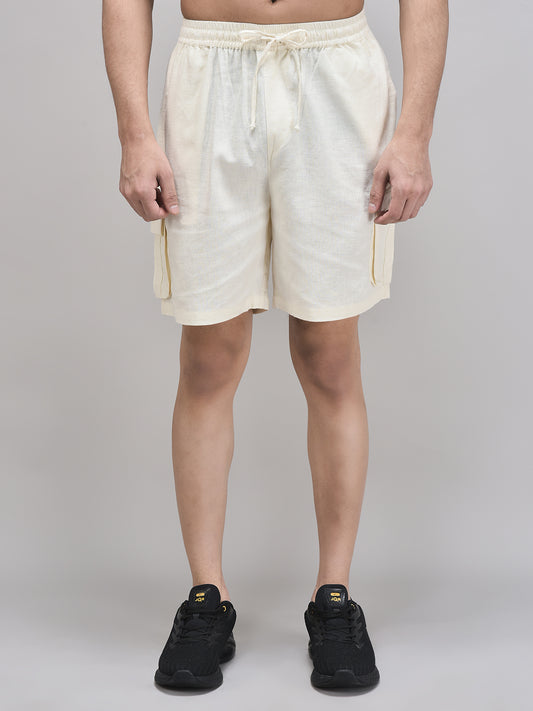 Beige linen shorts for men with cargo pockets