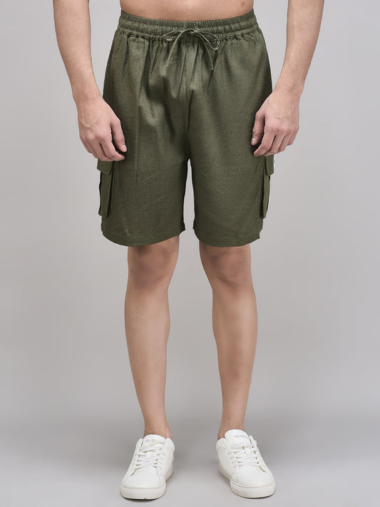 Front view of men’s olive linen cargo shorts