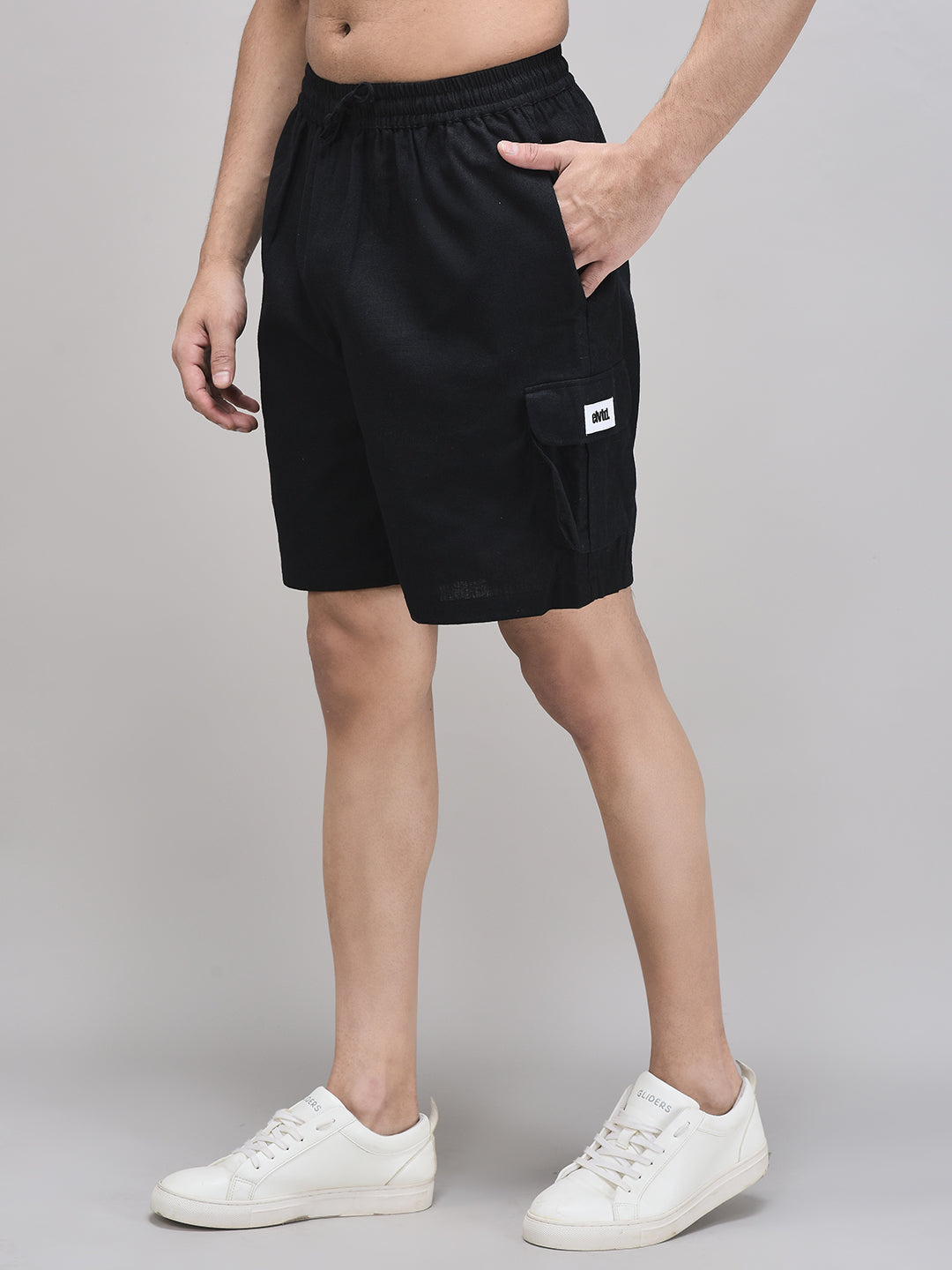 Elastic waistband black linen summer shorts