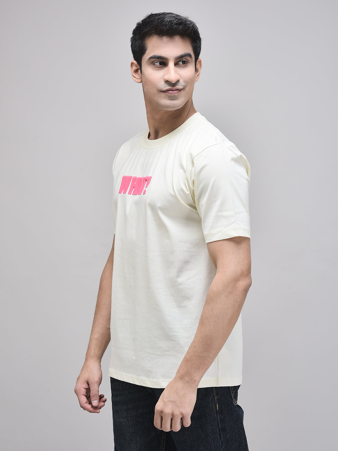 Beige oversized t-shirt with pink 3D WHAT! print – summer graphic tee