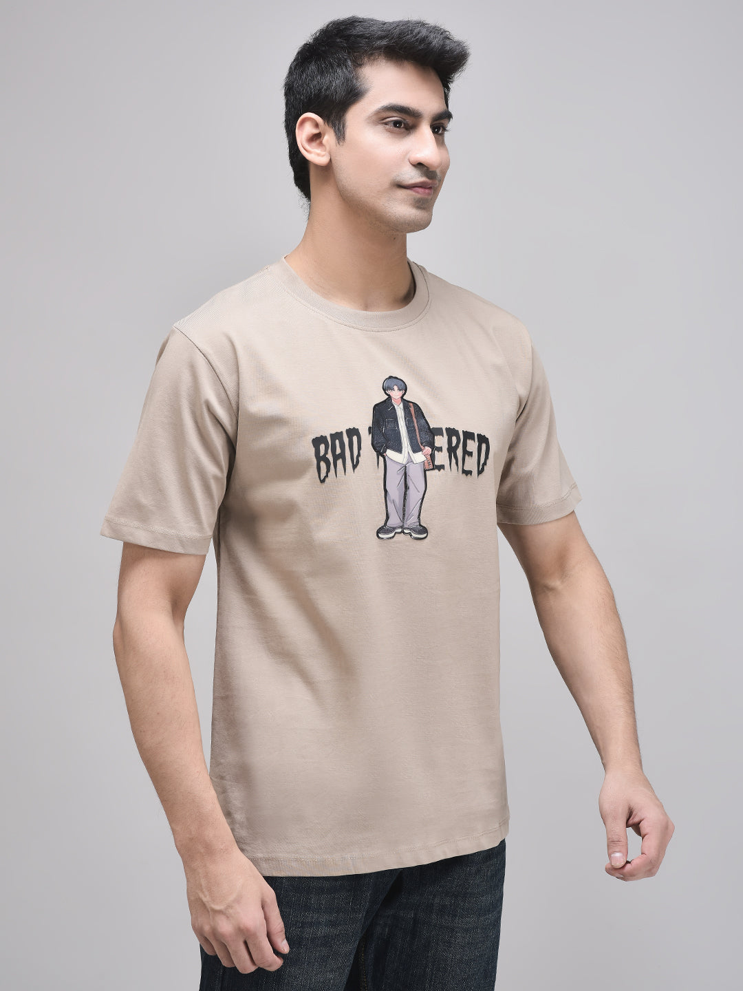 Side profile of brown oversized t-shirt – Bad Tempered print design