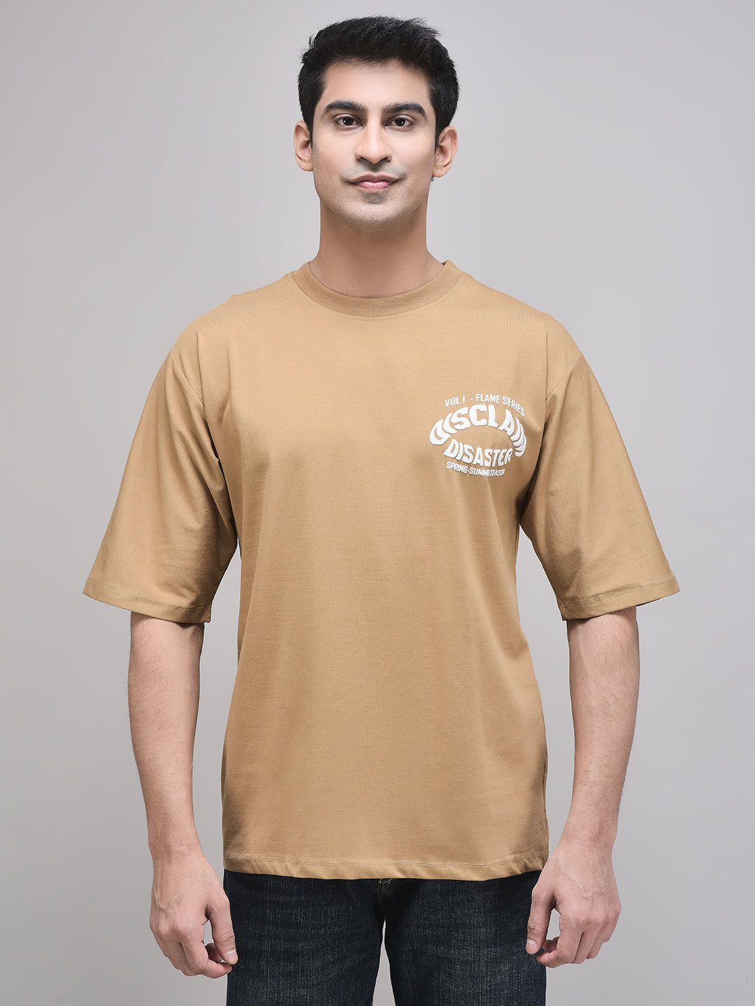 Disclaim Disaster t-shirt front view – mocha brown oversized cotton tee