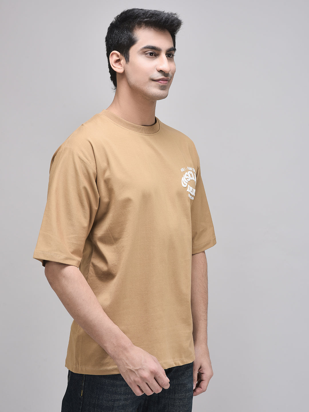 Side angle of mocha oversized t-shirt – drop shoulder streetwear fit