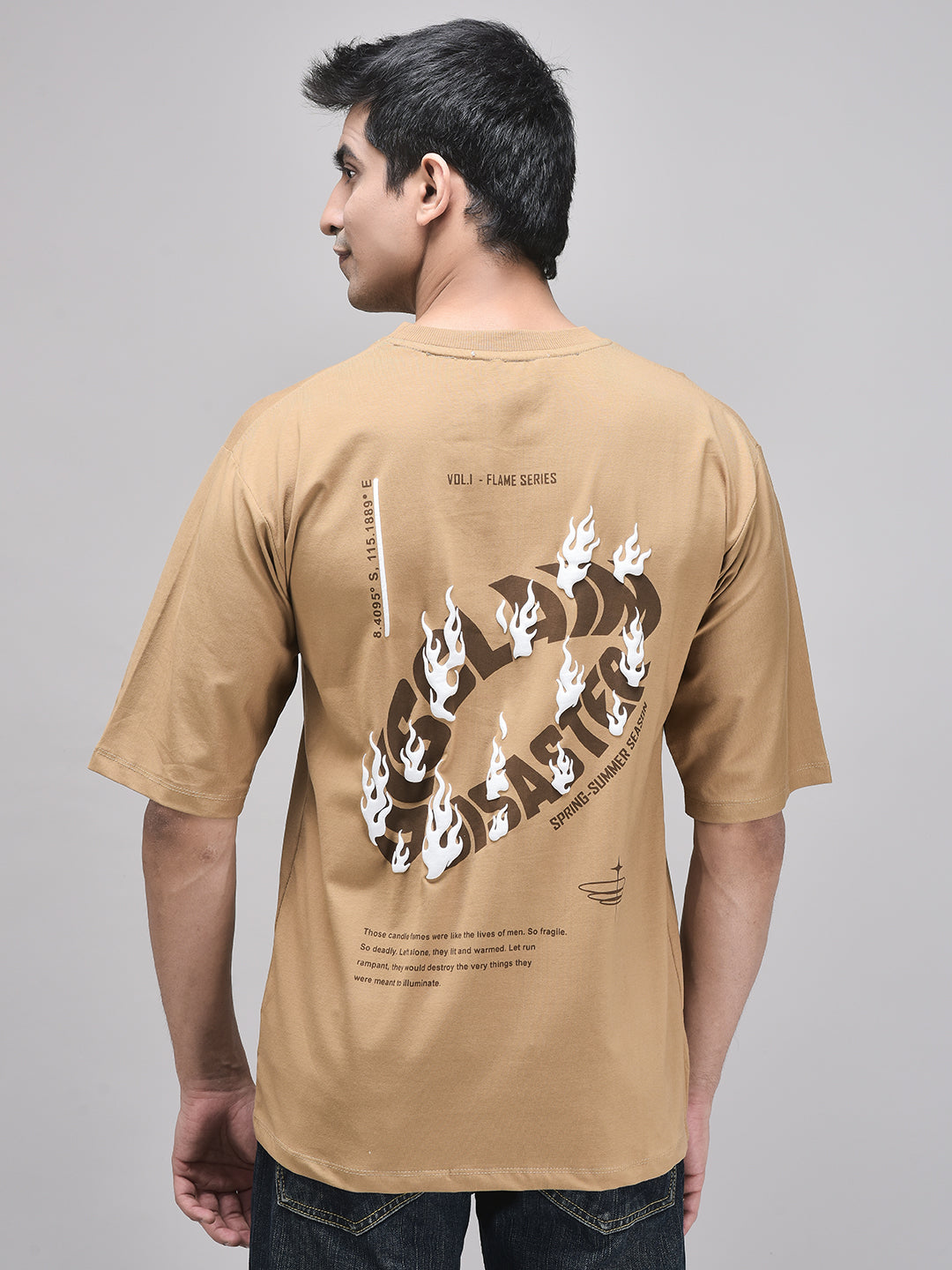 Oversized brown t-shirt back view – distorted typography graphic design