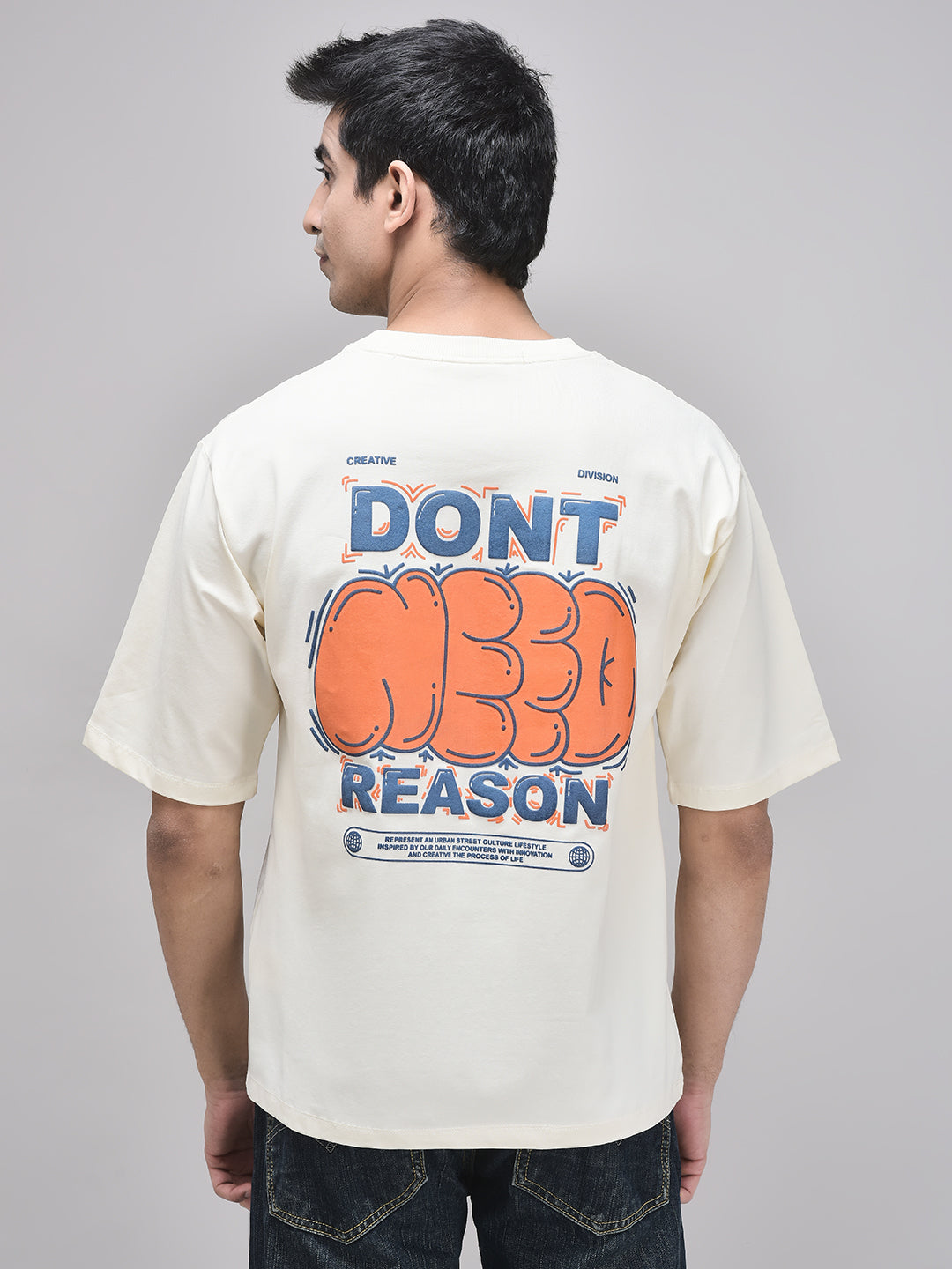 Don’t Reason beige t-shirt with bold back puffer print – oversized fit