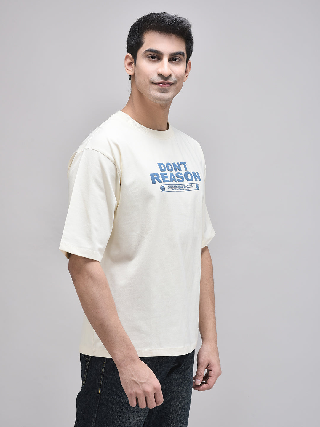 Beige cotton unisex t-shirt side angle – oversized and breathable