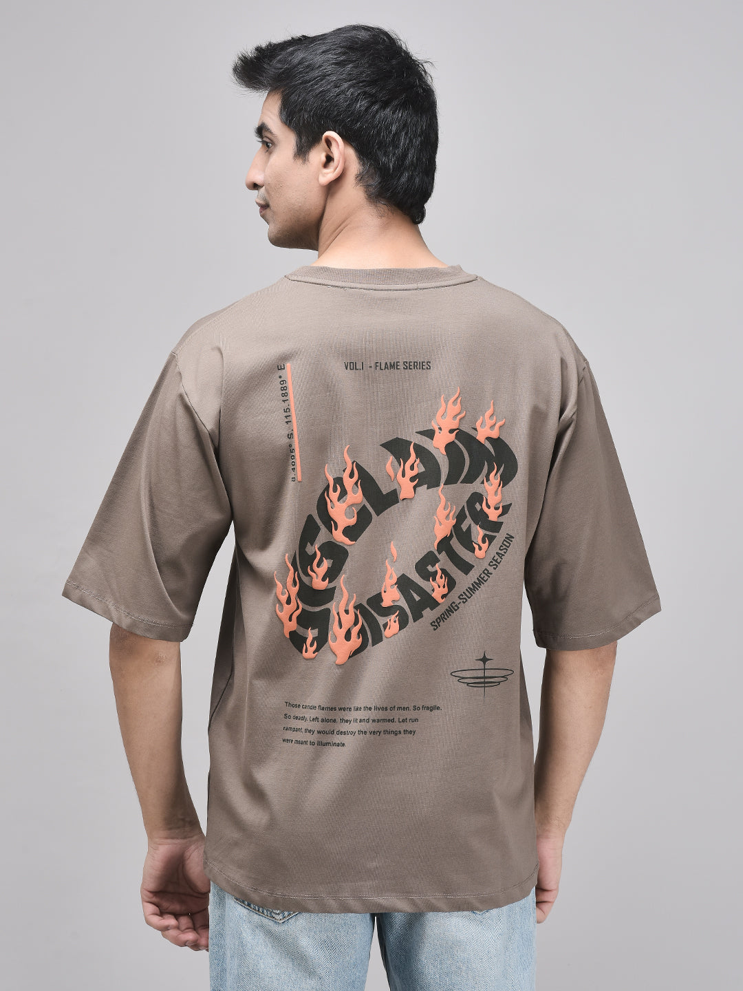 Back view of Disclaim Disaster claystone t-shirt with bold graphic print