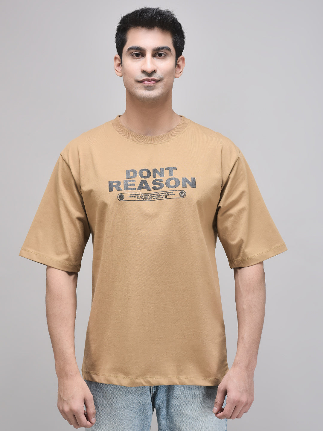 Unisex brown oversized cotton t-shirt with graphic print – front view