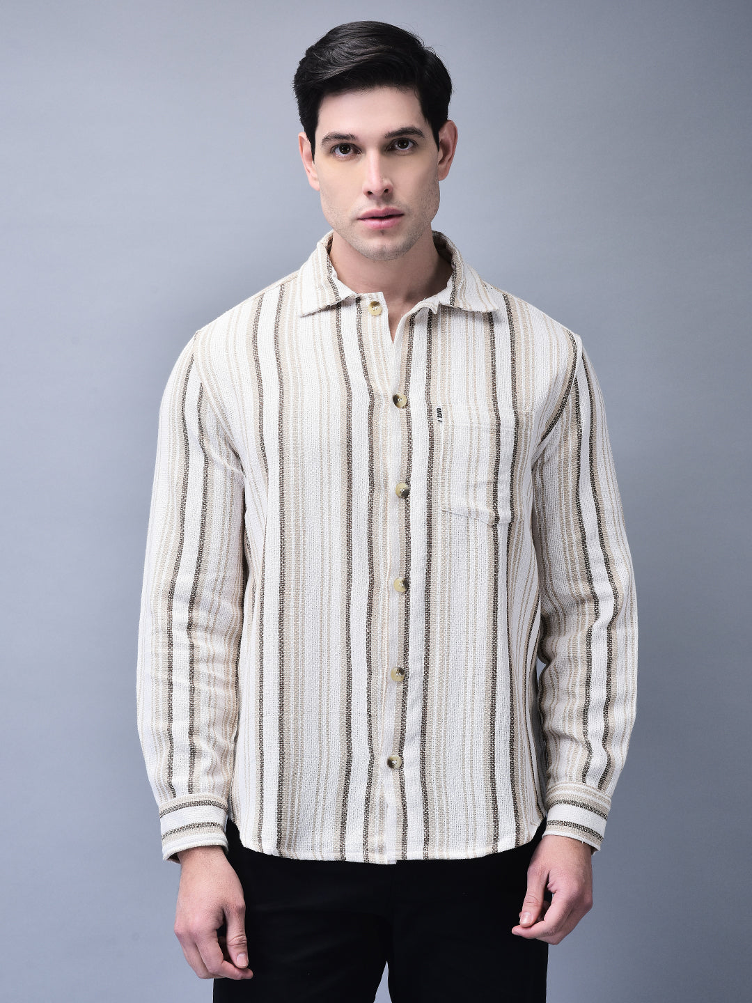 Men’s Beige Striped Regular Fit Shirt