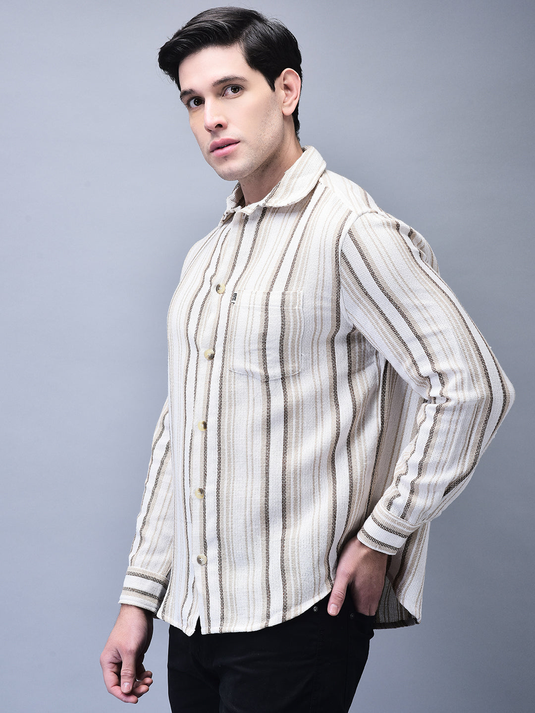 Men’s Beige Striped Regular Fit Shirt