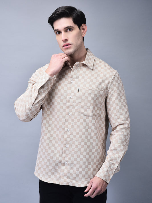 Men’s Beige Textured Check Regular Fit Winter Shirt