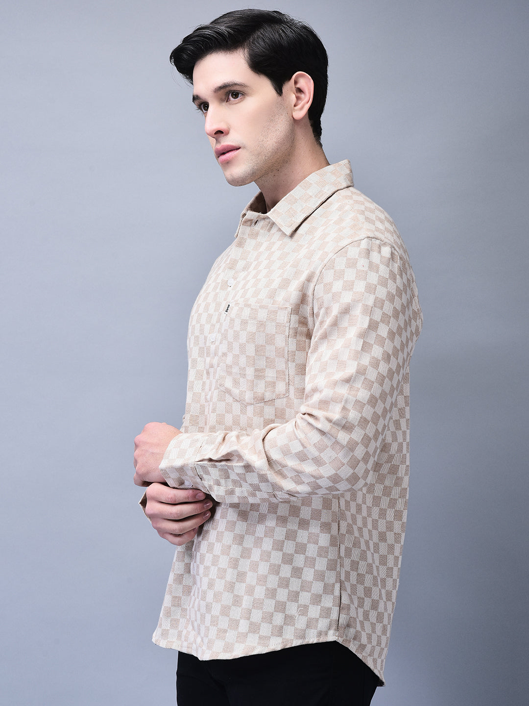 Men’s Beige Textured Check Regular Fit Winter Shirt