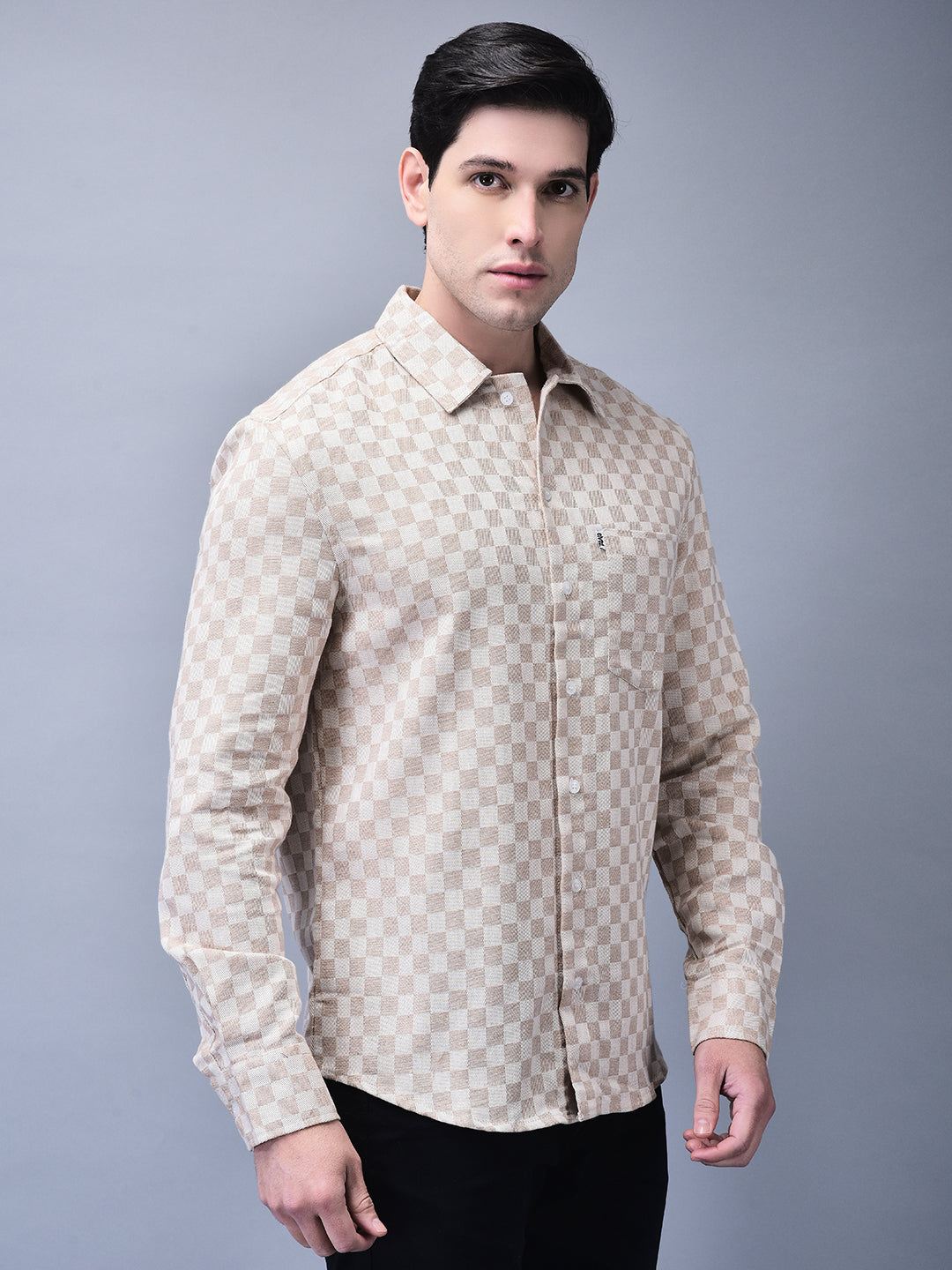 Men’s Beige Textured Check Regular Fit Winter Shirt