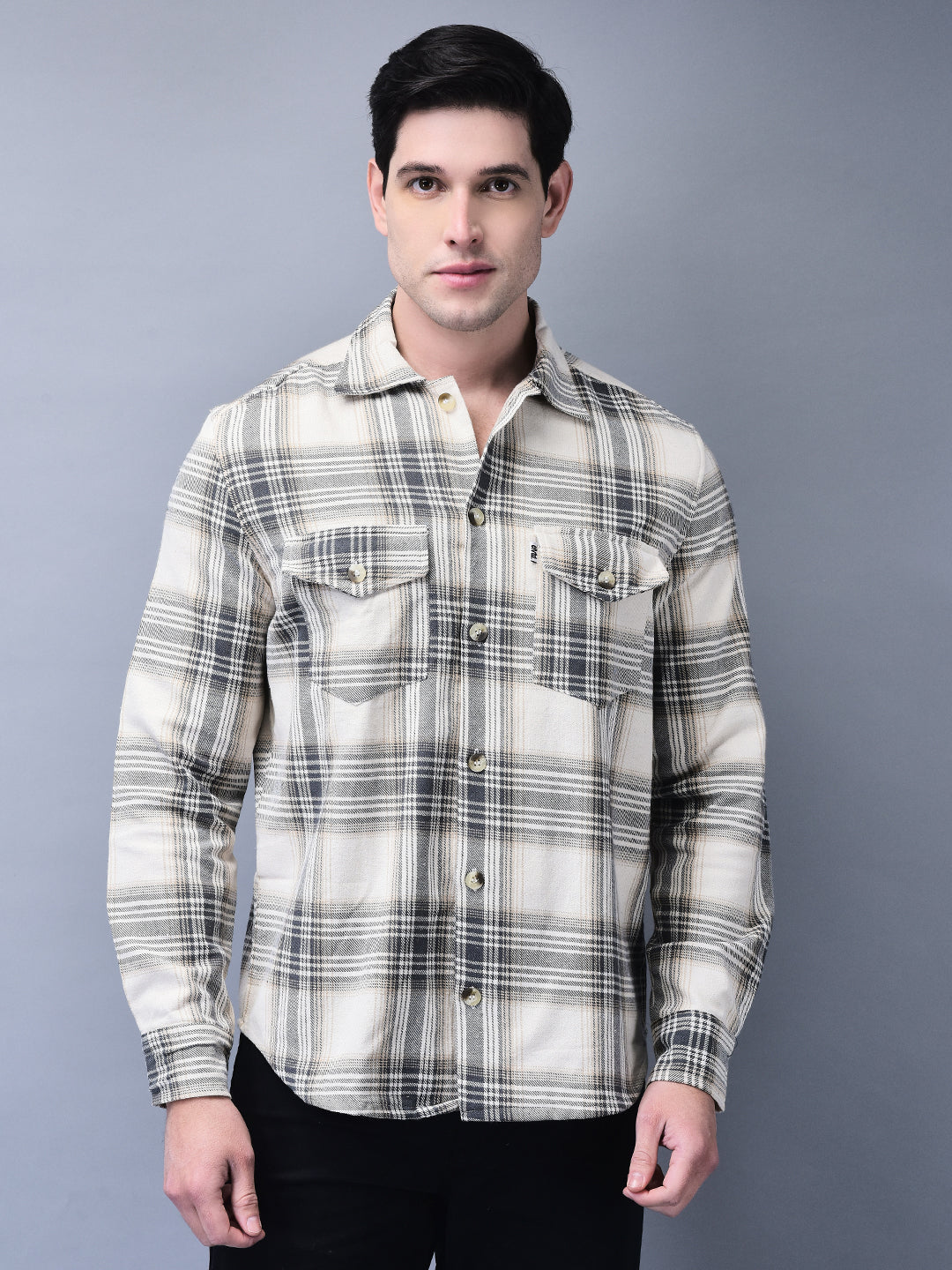 Beige & White Checked Brushed Overshirt | Unisex