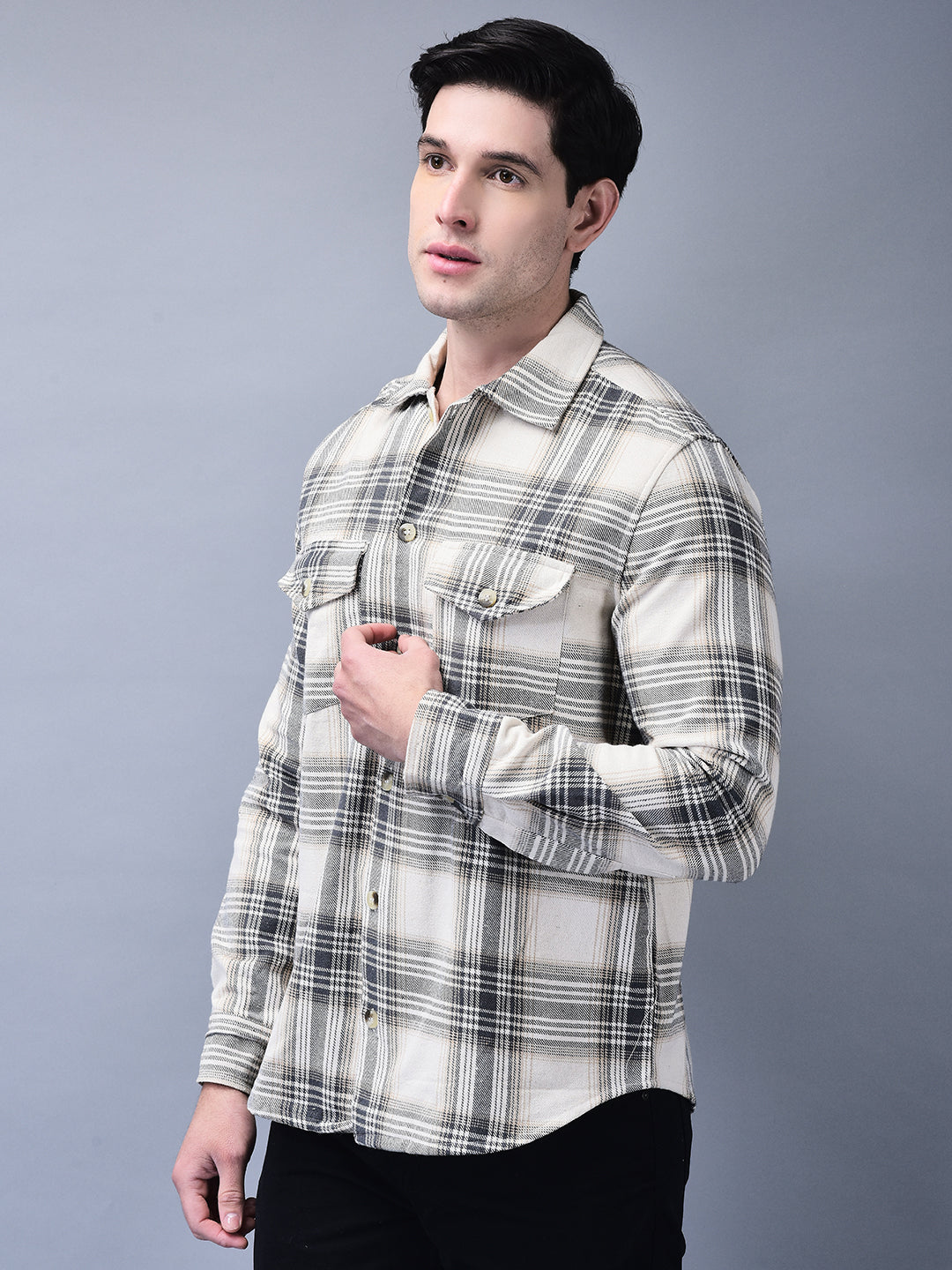 Beige & White Checked Brushed Overshirt | Unisex