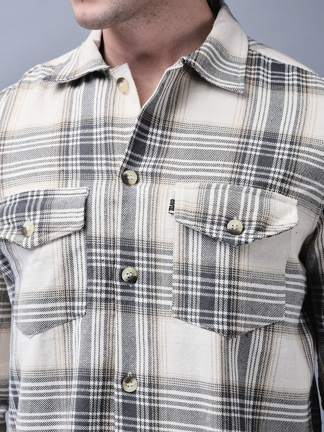Beige & White Checked Brushed Overshirt | Unisex