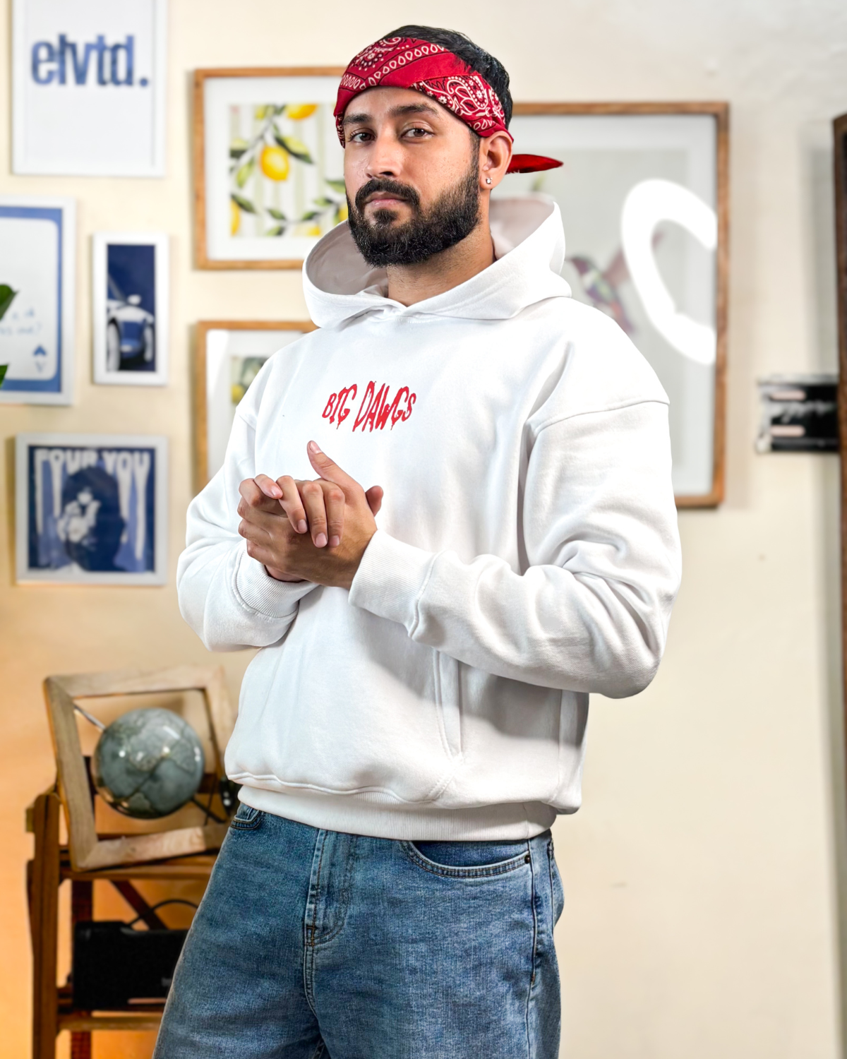 "Big Dawgs" White Double-Hooded Heavyweight Graphic Sweatshirt