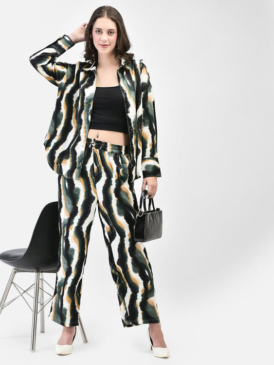 Printed satin co-ord set with shirt and wide leg pants