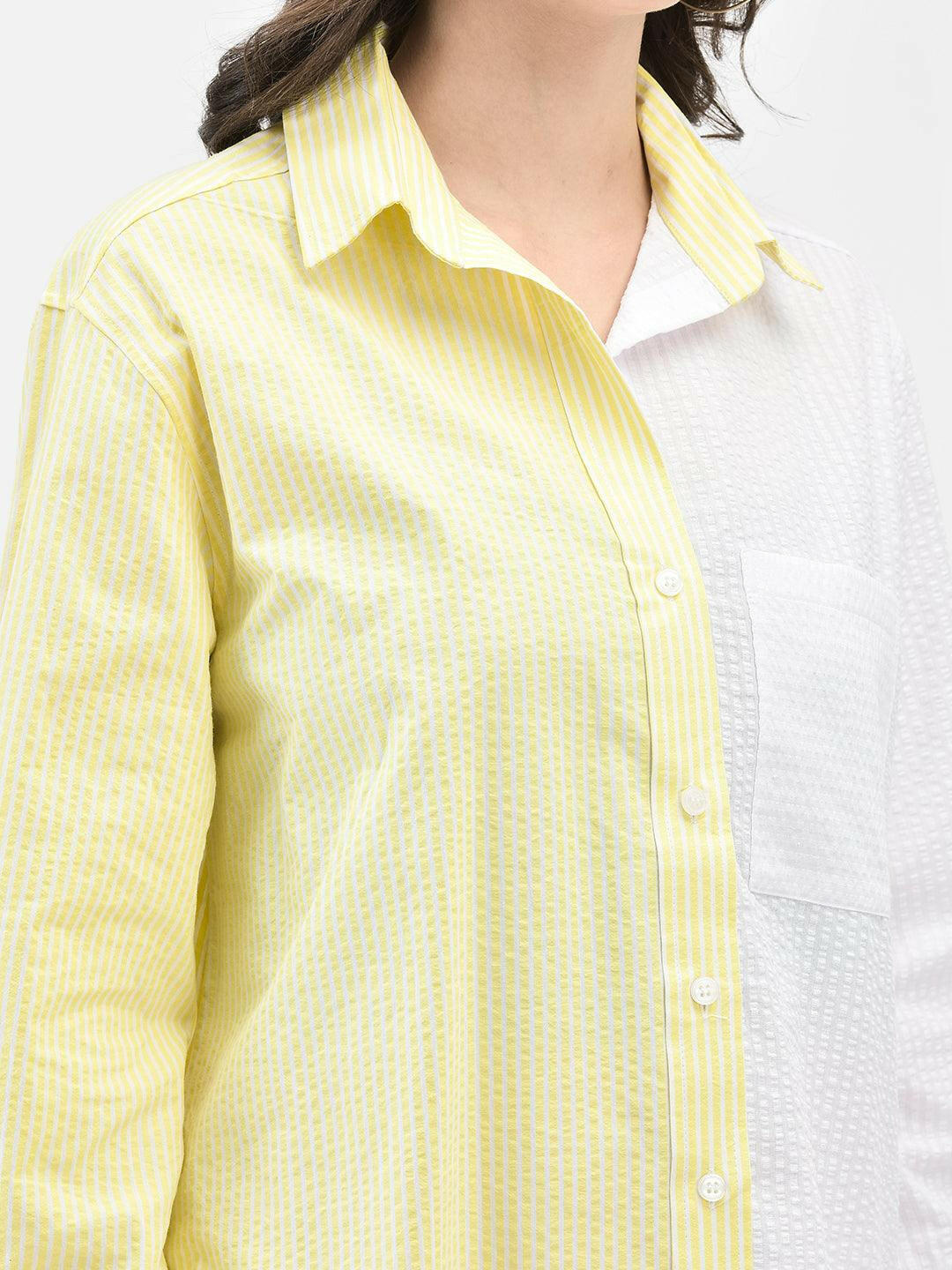 Close-up of collar and fabric texture – pastel yellow seersucker shirt