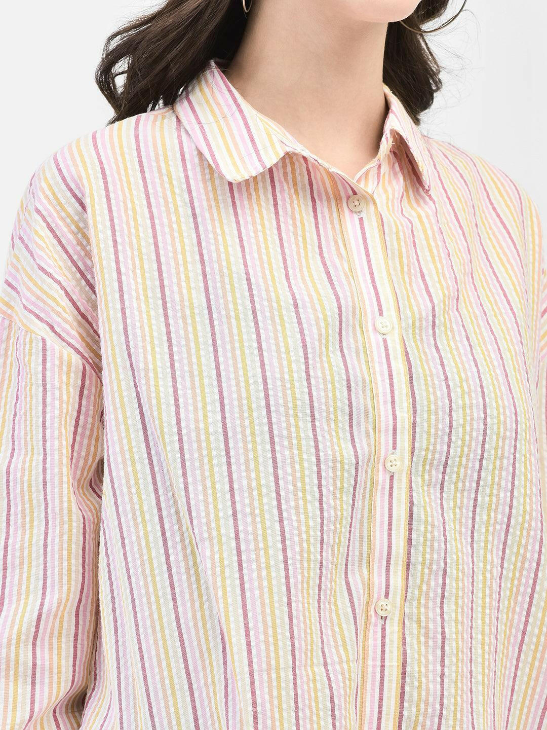 Close-up of collar and pink vertical stripes – seersucker cotton texture