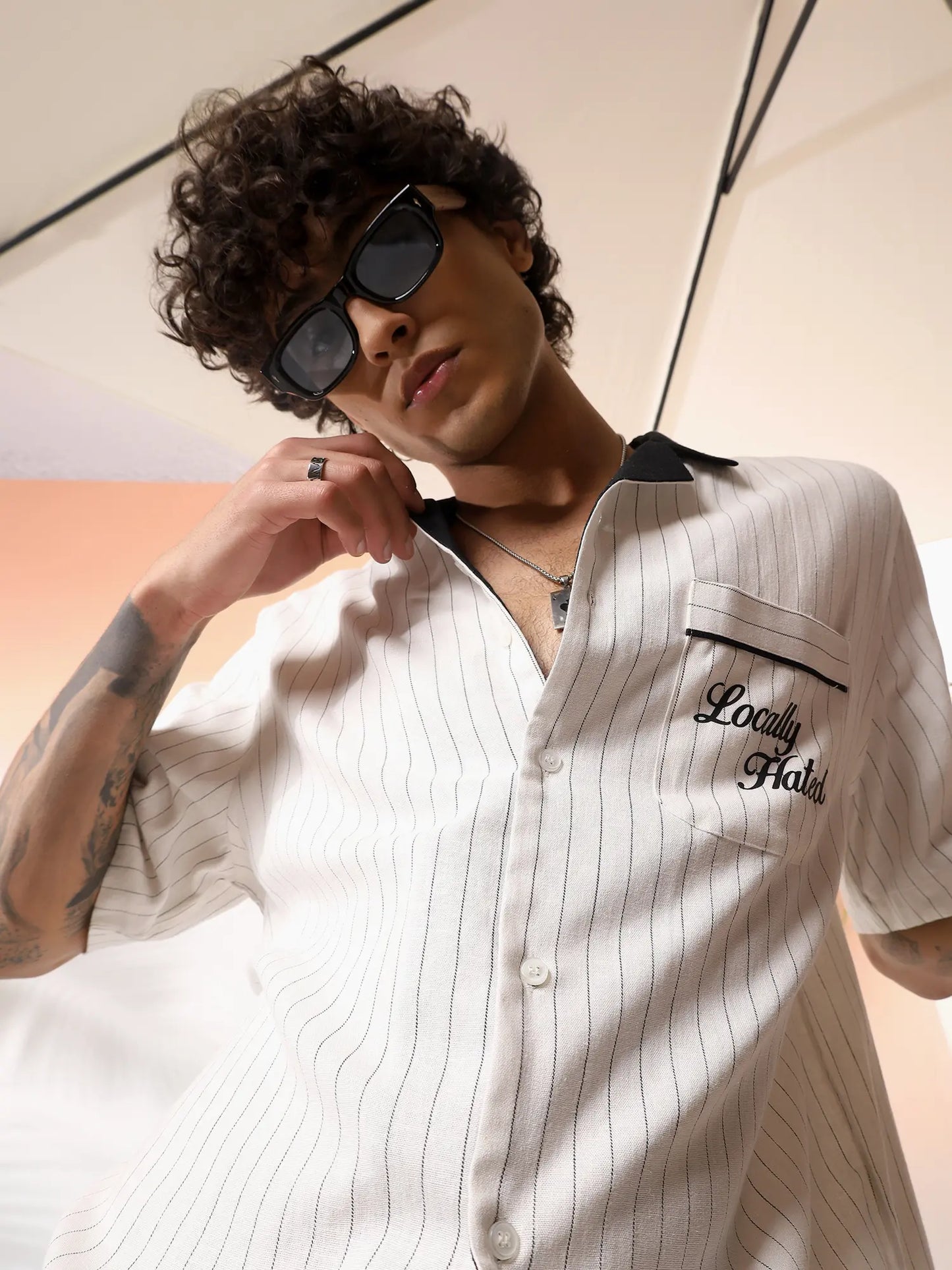 Cream Pinstripe Camp Collar Shirt