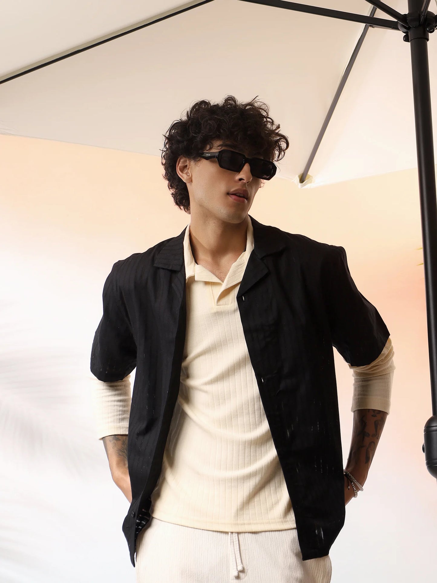 Black Textured Camp Collar Shirt