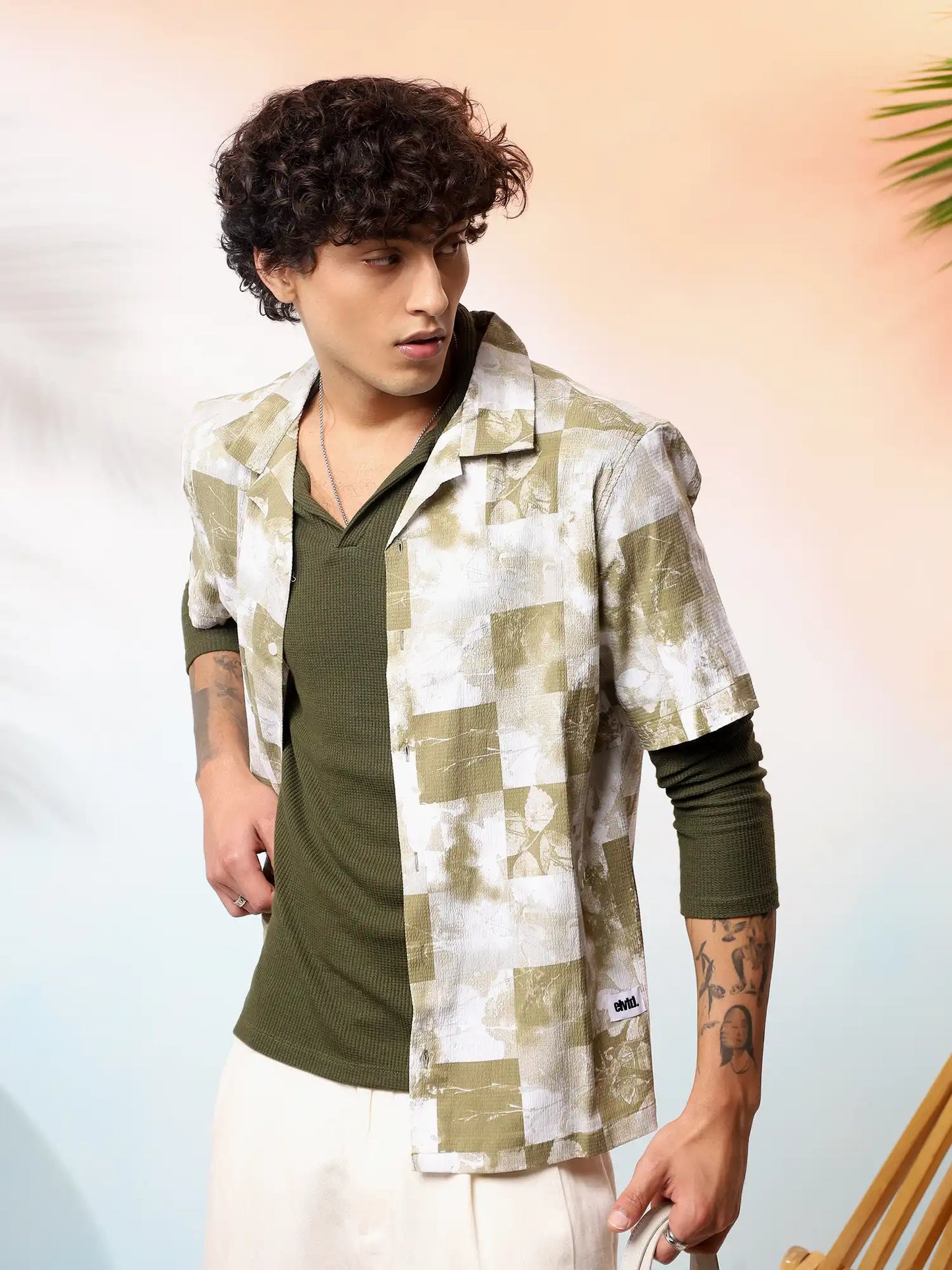 Olive Printed Seersucker Camp Shirt