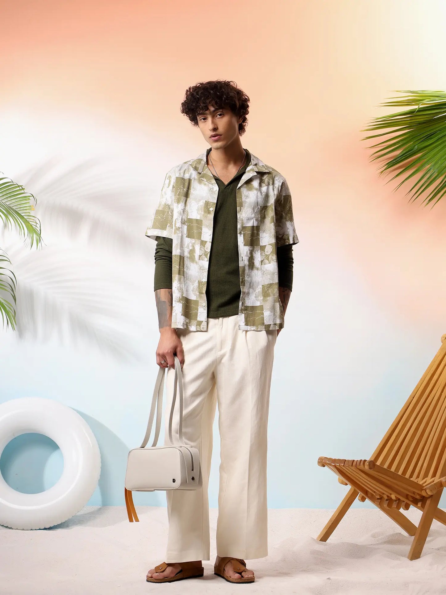 Olive Printed Seersucker Camp Shirt