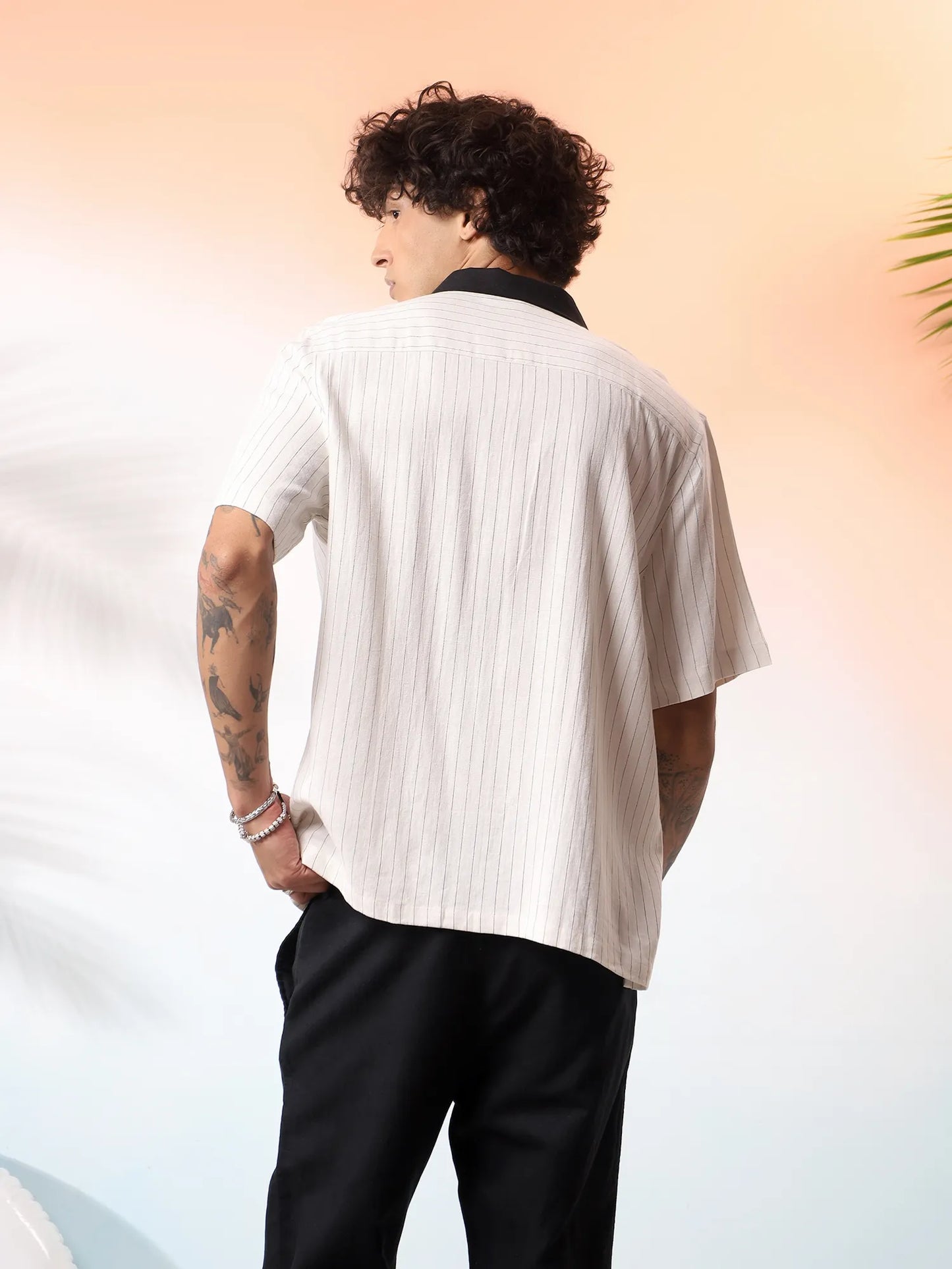 Cream Pinstripe Camp Collar Shirt