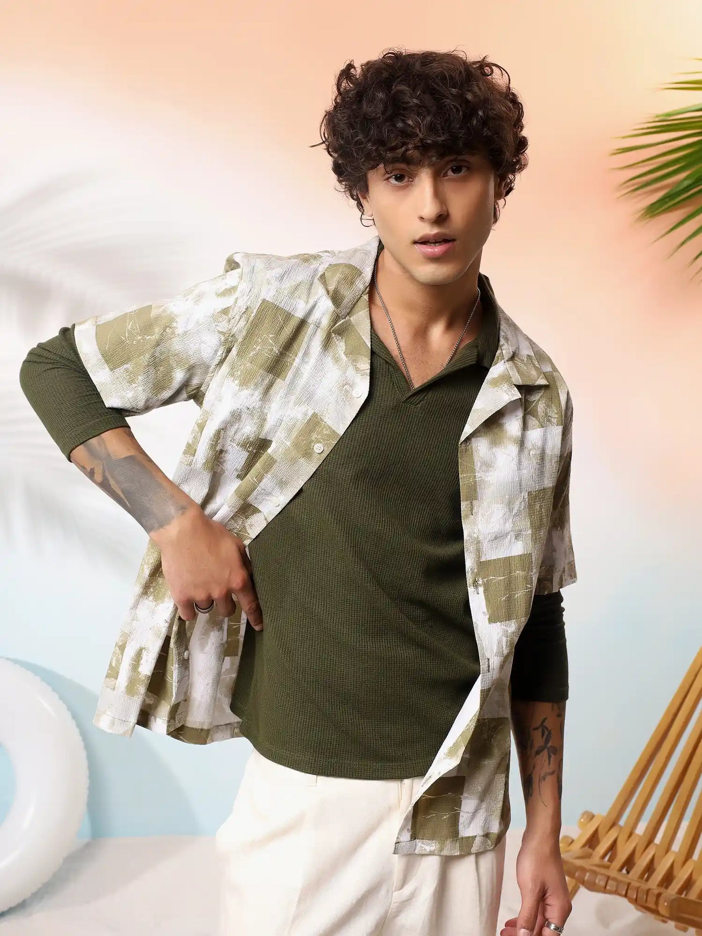Olive Printed Seersucker Camp Shirt