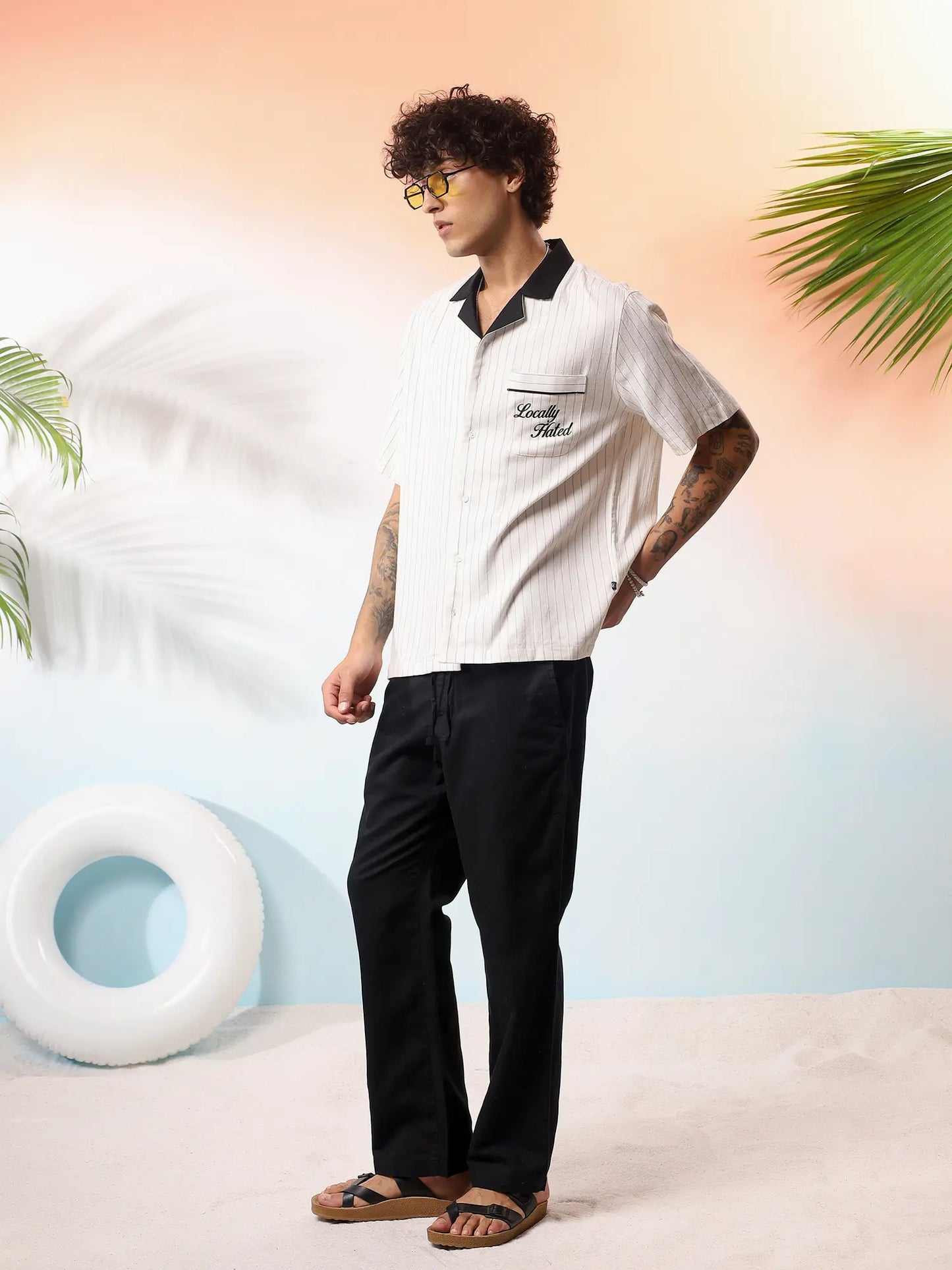 Cream Pinstripe Camp Collar Shirt