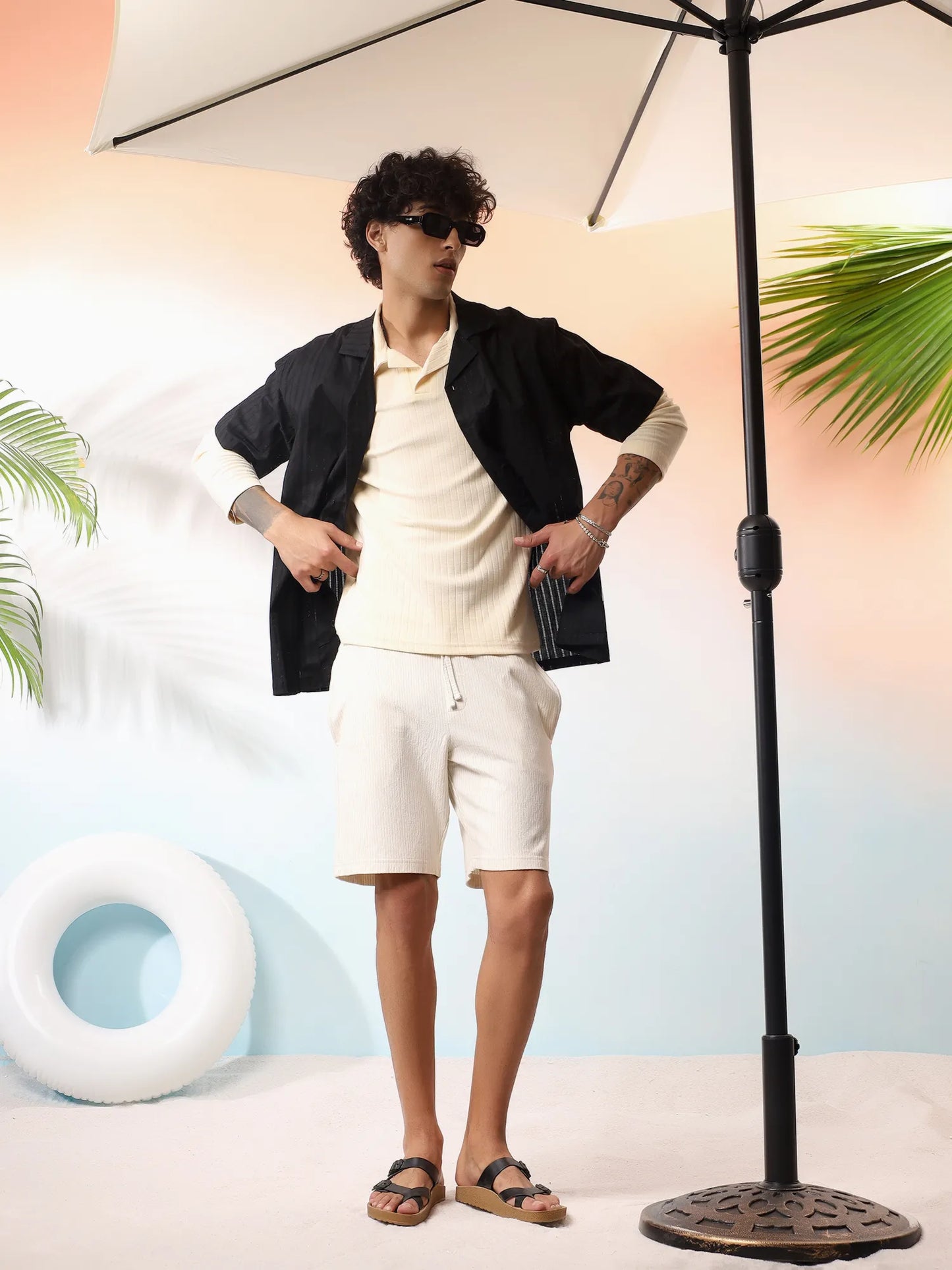 Black Textured Camp Collar Shirt